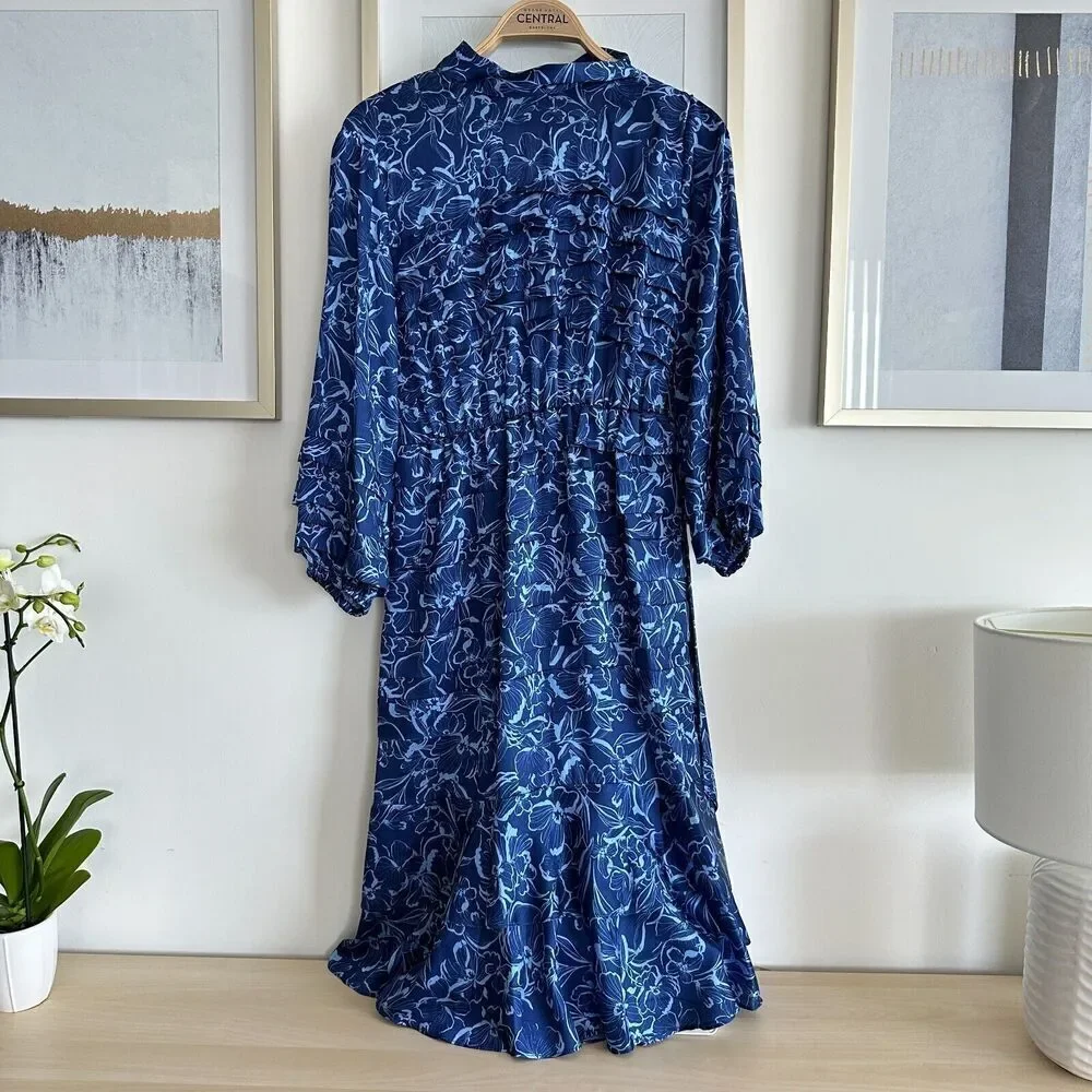 Sachin & Babi Dress Womens 2 Brielle Floral Print Tiered Tie Neck Satin Midi